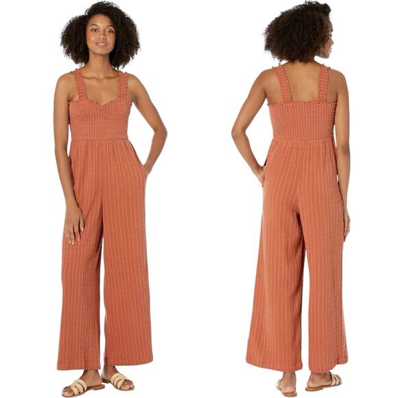 NWT Roxy Adventure Bound Woven Tank Jumpsuit Size S Baked Clay Wide Leg Smocked - Picture 1 of 11